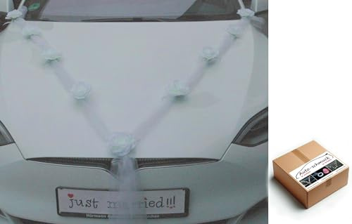 SELBERDEKO Auto Schmuck Braut Paar Rose Deko Dekoration Hochzeit Car Auto Wedding Deko Girlande PKW (reinweiß)