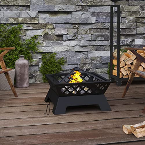 Rantry Feuerschale mit Schürhaken Feuerstelle Terrassenofen Feuerstelle Gartenofen Gartenkamin Feuerschale Feuerschalen für Garten Balkon Terrasse XXL 50 cm Stahl