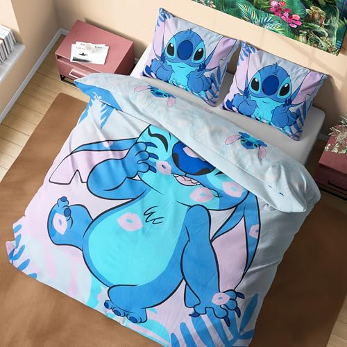 Disney Stitch Juegos de Fundas Nórdicas, Pack con Funda de Edredón y Almohadas - Tamaño Individual o Doble (Azul Stitch Doble)