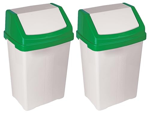 M1SS Set of 2 – Green 50L Litres Plastic Swing Bin Swing Lid White Swing Bin with Coloured Lid Waste Indoor/Outdoor Recycle Dustbins Rubbish Trash Refused Bins for Home Kitchen use