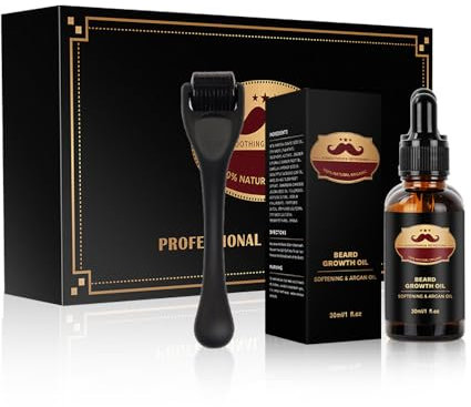 Bartwachstumsset – Bartroller + Bartöl– stimulieren Sie Bart und Haarwachstum Duft-Bartpflege- für Männer – 0,5 mm Dermaroller für Haare, Bart Nachwachsen