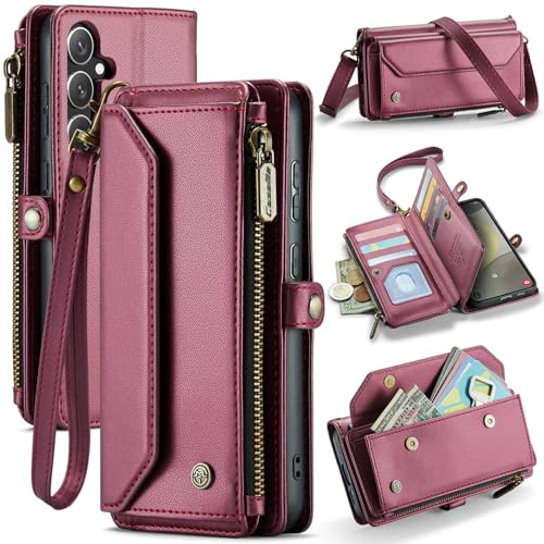 FONREST Étui portefeuille en cuir pour Samsung-Galaxy-S24+ Plus, étui portefeuille à rabat magnétique avec béquille, 10 emplacements pour cartes, fente pour espèces, poche zippée, dragonne, rouge