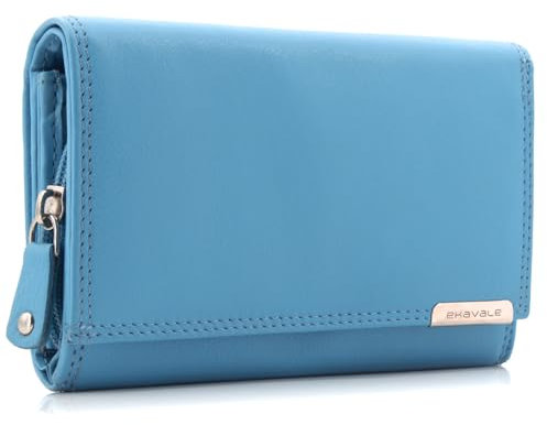 ekavale Geldbörse Damen Leder mit RFID-Schutz 25 Fächer Damen Portemonnaie Lang (Himmelblau)