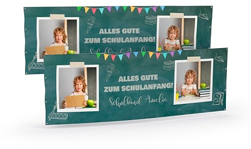 Banner zur Einschulung selbst gestalten I Fahne zum Schulanfang personalisiert (50cm x 150cm groß) I Einschulungsdeko mit Wunschtext und Bild vom Schulkind selber gestalten