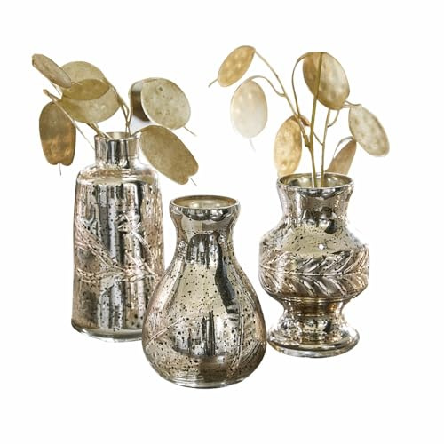 Loberon Vase 3er Set Briolique, antikchampagner | DREI Designs, Kunstvoll Geschliffen, Bauernsilber-Finish, Nostalgischer Charme, Mundgeblasen, Deko-Vasen, Dekoration, Glas