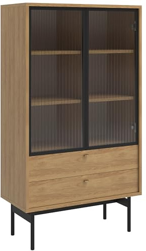 Selsey Vitrine Glas Vitrinenschrank Glasvitrine Wohnzimmer Glastür Niedrig 85 cm 2 Schubladen 3 Fächer Hickoryholz Natur Olar