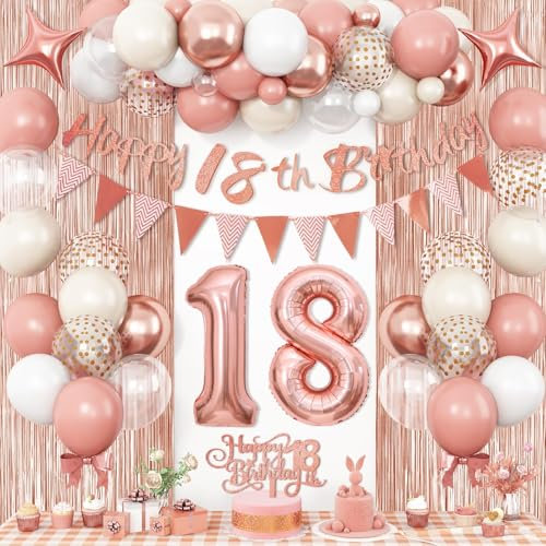 18th Birthday Decorations for Girls, Blush Pink Rose Gold 18th Birthday Balloons with 18th Birthday Banner Number 18 Balloon Fringe Curtain Cake Topper Star Foil Balloon for Girls 18 Year Old Party