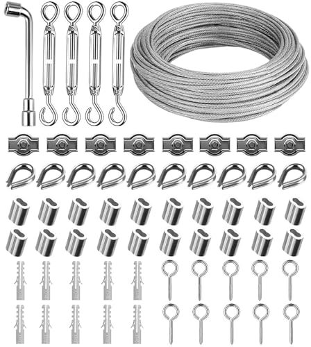 35M/3mm Garden Wire Rope Kit with Turnbuckles, Wire Tensioner, Crimping Loops, and Accessories for Plant Training, Fence, and DIY Projects