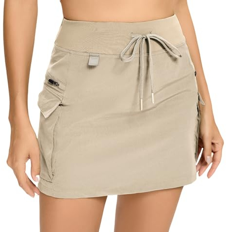 Timuspo cargokjol med byxor trunter sport kort damer ledig sommarkjol kort löpning skorts hög midja luftig, 4 fickor, kaki, M
