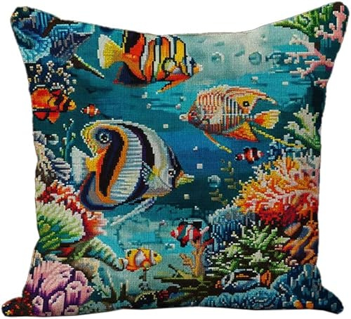 AxiangziK DIY Kreuzstichkissen,Unterwasserszene mit farbigen Fischkorallen,Stickset,Kissenbezug,Stickset Anfänger Bastelsets für Erwachsene,Stickkissen,Handstickerei,45x45cm