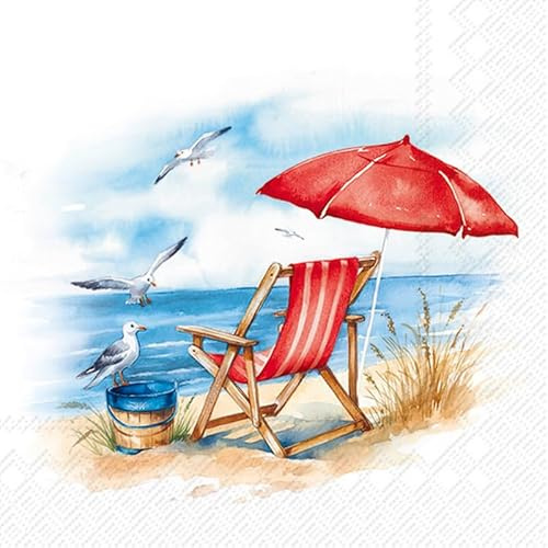 20 Servietten Maritim Sonnenliege am Meer als Tischdeko. Papierservietten mit Motiv. Auch für Decoupage und Serviettentechnik 33x33cm