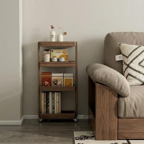 Wayshome 4-Tier Rolling Utility Cart with Lockable Wheels – Solid Oak Mobile Storage Trolley & Shelving Organizer for Kitchen, Living Room(Walnut, 7.87 D x 15.75 W x 31.89 H)