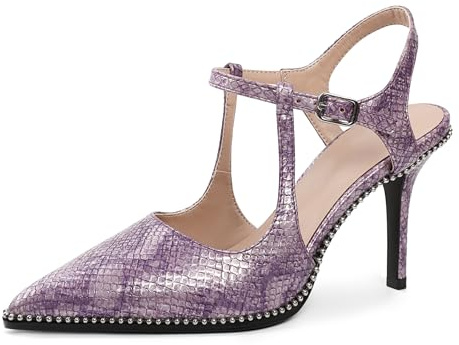 SAMMITOP Womens Purple Stiletto Heels Closed Pointed Toe Ankle Strap Strappy High Heel Pumps Shoes Beaded Dressy Snakeskin 3.5 Inch Size 9