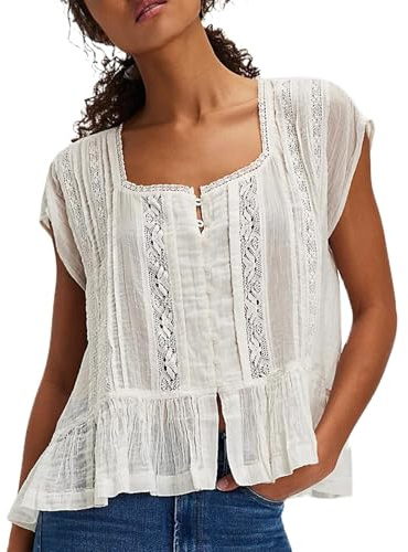 Women Tie Front Lace Trim Top Short Sleeve Semi Sheer Button up Shirt Y2k Ruffle Flowy Boho Blouse (White, S)