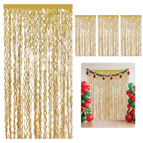4 Stück Champagner Gold Lametta Vorhang, 1x2m Glitzervorhang Lametta Welle | Glitzer Party Vorhang Selbstklebende,Glitzervorhang Gold für Geburtstage, Hochzeiten, Weihnachten, Abschlussfeiern