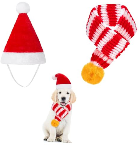 Weihnachtsmütze Hund Set 2-teilig – Haustier Weihnachtskostüm für kleine Hunde und Katzen – rot weiß – süßes Hundeaccessoire für Weihnachten, Fotoshooting, Party, Winterfest
