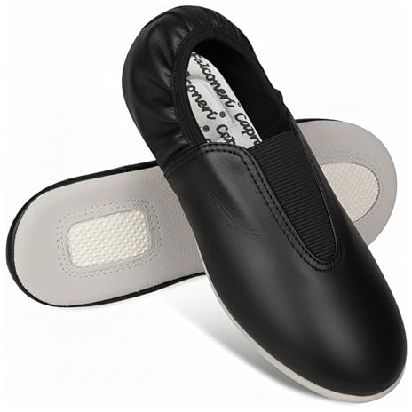 Slip On Black Gymnastic Shoes for Women Girls - Pure Leather Dance Shoe with Elastic Ankle - Front V Elastic & Suede Split Sole Ballet Flats Pumps for Child Kids