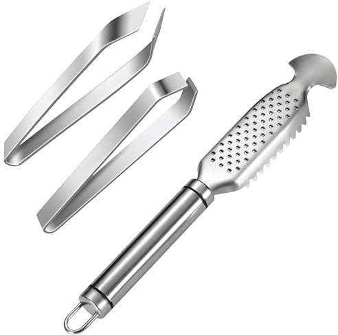 Edelstahl Fischentschupper, Profi Fisch Scaler Scraper Mit GräTenzange, 3 Stück Fischentschupper Sägezahn Fisch Entschupper Werkzeug for Removing Fish Scales and Bones