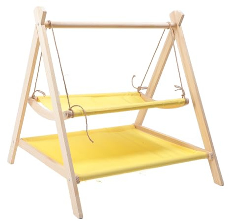 Hamwesh Cama Columpio para Gatos, Hamaca Elevada para Gatos de 2 Capas con Marco de Madera, Soporte de Carga Fuerte, Resistente a los Arañazos, para Uso en Interiores y Exteriores, Funda Lavable