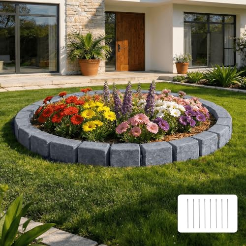 VEVOR Kit Bordura per Aiuole Effetto Pietra 4725 mm, Recinzione per Giardino Senza Bisogno di Scavo, Confezione 4 Pezzi da 6 Mattoni Ciascuno e 8 Picchetti, Grigio Arenaria, per Prato Aiuole Cortili