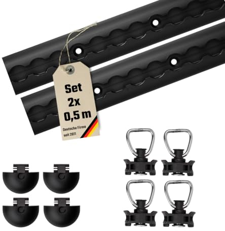 LOADCARE Airlineschienen Starter Set – 2 eloxierte Airlineschienen (0,5 m, halbrund, gebohrt alle 10 cm) inkl. 4 Endkappen, 4 Schwarze Fittinge (Schwarz eloxiert, Schwarz)
