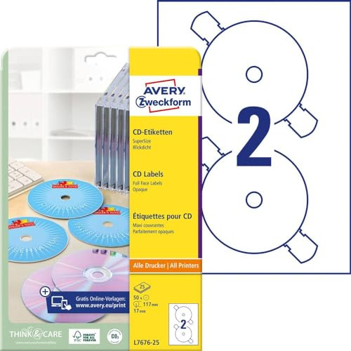 AVERY Zweckform L7676-25 selbstklebende CD-Etiketten (50 blickdichte CD-Aufkleber, Ø 117mm auf A4, SuperSize, Papier matt, bedruckbare Klebeetiketten für alle A4-Drucker) 25 Blatt, weiß, 50 Stück, 117 mm