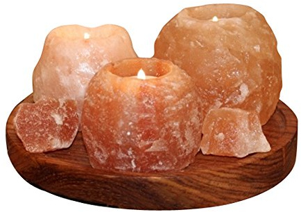 HIMALAYA SALT DREAMS - Salzkristall Teelichthalter Set mit Holzteller und Salzbrocken aus Punjab / Pakistan, Orange