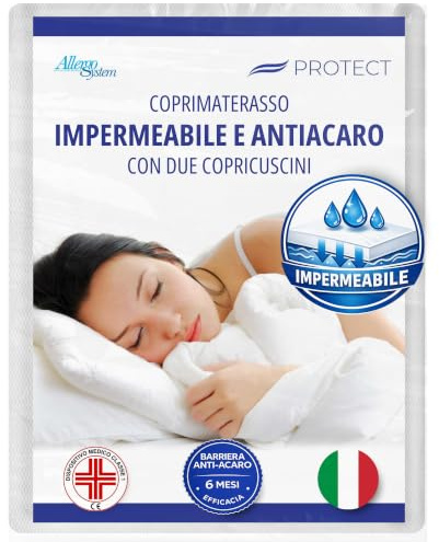 Allergosystem Set Coprimaterasso Matrimoniale Impermeabile Antiacaro con Cerniera 160x190x20cm e 2 Copricuscino Impermeabile Anallergico 50x80cm - Dispositivo Medico MADE IN ITALY - Linea Protect