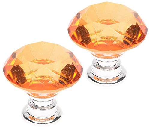 2 PCS 40MM Yellow Crystal Glass Diamond Cut Flat Round Door Knob for Wardrobe,Cabinet, Drawer, Chest, Bin, Dresser, Cupboard, Etc with Screw Set Home Decoration