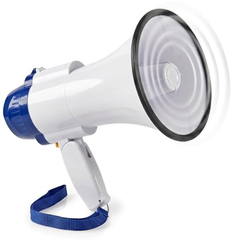 Nedis - Megafono - Microfono Staccabile - Sirena Integrata - 25 W - Tracolla - Volume Regolabile - Megafono Portatile - Portata Massima: 1500 m - Volume Massimo: 135 dB - Bianco/Blu