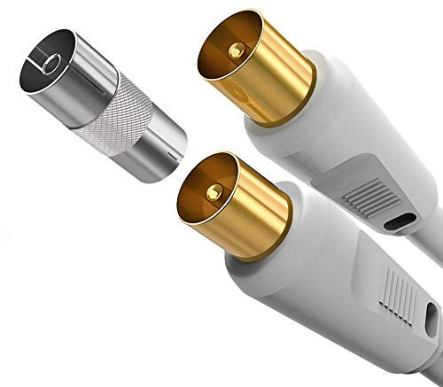 Ancable 1M TV Aerial Coaxial Cable, Satellite Cable RF TV Antenna Coax Lead to PAL Male Gold Plated Connectors White Flylead for Sky/SkyHD, Virgin, BT, TV, VCR or DVD Players with Coupler