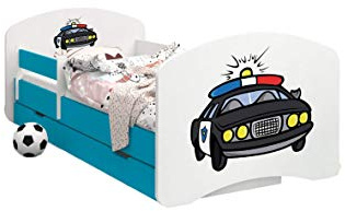 HappyBabies - Doppelseitiges Kinderbett MIT SCHUBLADE Modernes Design mit sicheren Kanten und Absturzsicherung Schaumstoffmatratze 7 cm Blau (Polizei, 160x80)