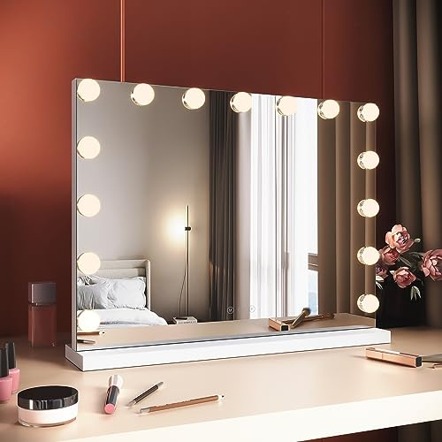 SUNXURY Schminkspiegel mit Beleuchtung mit 3 Farbumbauten und Speicherfunktion, Hollywood Spiegel mit licht und 15 Dimmbare LED- Leuchten, Kosmetikspiegel mit led Dimmbare Beleuchtung
