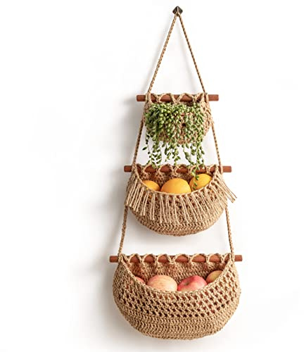 Cesta de fruta colgante para colgar sobre la puerta, cesta de yute de 3 niveles, decoración bohemia, baño, cesta de almacenamiento decorativa para cocina, sala de estar, baño y dormitorio