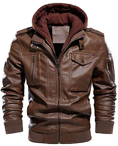 CARWORNIC Veste d'hiver en similicuir pour homme - Chaude et décontractée - Avec capuche amovible, marron, L