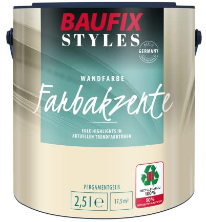 BAUFIX Farbakzente pergamentgelb, seidenmatt, 2.5 Liter, Bunte Wandfarbe, für Wände und Decken innen, lichtecht, strapazierfähig, hohe Deckkraft