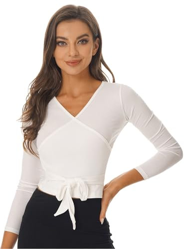 MSemis Damen Ballettjacke Tanzshirt Langarm Tanzoberteil Wickeljacke Wickel Tops Ballett Tanz Yoga Gymnastik T-Shirt Tanzbekleidung Dancewear Elfenbein B M