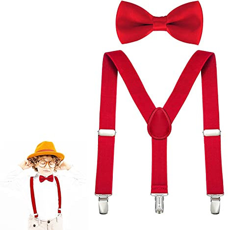 Butyeak Kinder Hosenträger Fliege Sets, Hosenträger Fliegen Set, Y-Form Einstellbar Hosenträger, Verstellbare Fliege und Hosenträger im Set für Jungen und Mädchen, rot