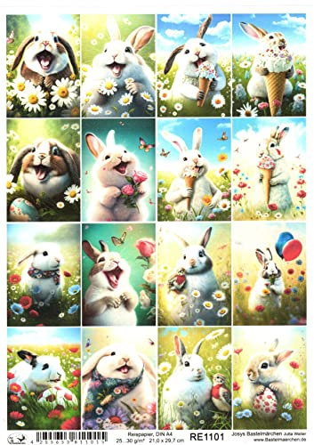 Josys Bastelmärchen Reispapier A4 Strohseide Decoupage Ostern lustige lachende Hasen Eier RE1101