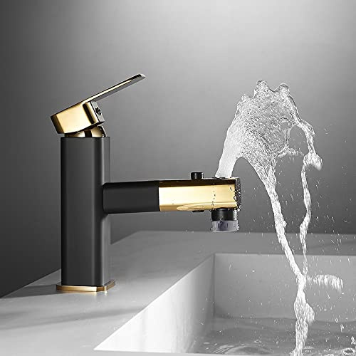 Wasserhahn Bad mit Herausziehbarer Brause Heißer Und Kalter Waschbecken Armaturen mit 360° Drehbar Auslauf,schwarz=gold