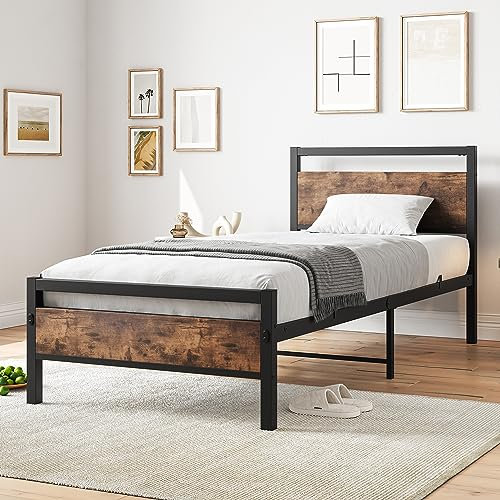 BOFENG Metallbett aus Metall mit Lattenrost,Bettrahmen Holz 90x200 Bettgestell mit Kopfteil,Einzelbett Gästebett Einzelbettgestell 90x200 cm,Vintage Braun+Schwarz