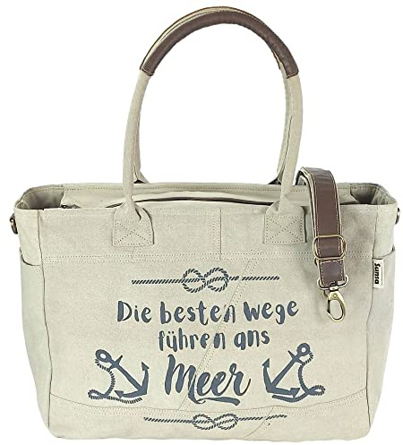 Sunsa Damen große Handtasche. XXL Maritim Tasche aus Canvas & Leder. beige | Vintage Shopper. Weekender mit Canvas Handgriffe & Verstellbaren Crossover Hankel. Schultertasche als Geschenkideen