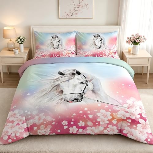 SYHIEGO Housse de Couette 220x240 Rose Cheval Microfibre Parure de Lit Animaux Fleurs Motif 2 Personnes Literie avec 2 Taies d'oreiller 65x65cm avec Fermeture Eclair pour Adulte Fille Enfant