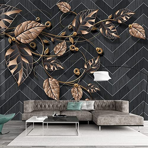 Mural Wallpaper Photo Home Custom 3D Photo Wallpaper Black Geometric Golden Plant Leaves Flowers Wall Painting Art Mural Wallpaper Living Room Tv Background Wall Papers Office B 400 (W) x 280 (H) cm