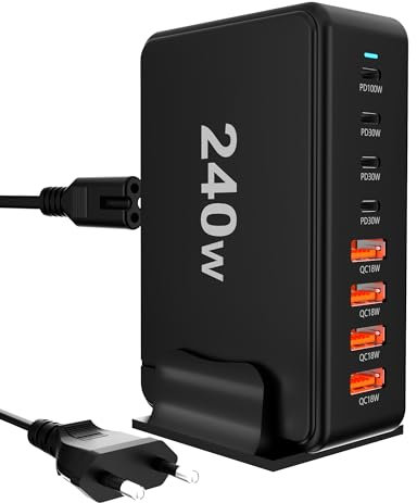 Caricatore USB C: 240 W 8 porte USB alimentatore di rete adattatore multiplo caricatore con 4 USB-C e 4 USB-A, caricatore rapido PD 3.0 caricatore alimentatore di rete per MacBook, laptop, iPhone