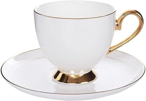 Coffret cadeau, tasse à thé et soucoupe en porcelaine, tasse à café avec soucoupe, tasse à thé et soucoupe, service à thé en porcelaine blanche de 113,4 g avec bordure dorée, tasses à café britannique