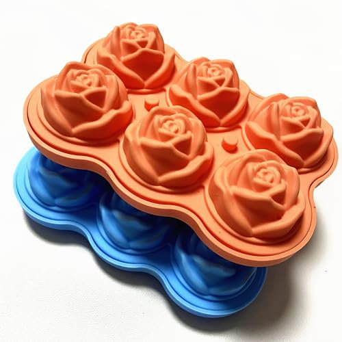 Ice Cube Moulds Trays 2pack 6 Cavity Silicone Rose Ice Ball Maker Easy Release Large Ice Cube Form for Chilled Cocktails Whiskey Bourbon & Homemade Juice（Blue & Orange）