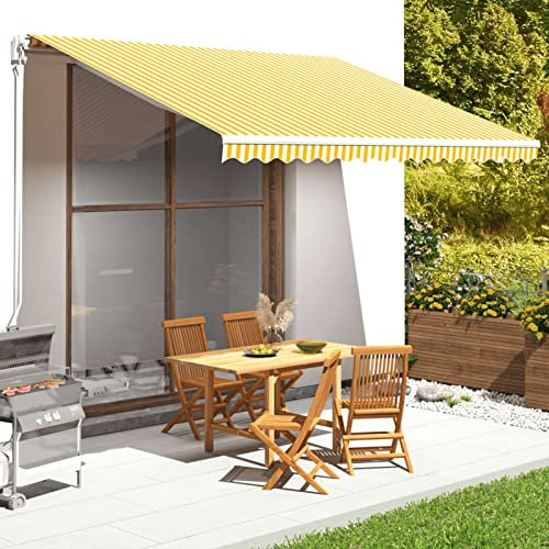 Rantry Casa Tessuto di Ricambio per Tenda da Sole Tenda da Sole Esterno Tende da Sole per Balconi Tenda da Sole a Bracci Estensibili Tenda da Sole Esterno a Caduta Giallo e Bianco 4x3,5 m Casa Mobili