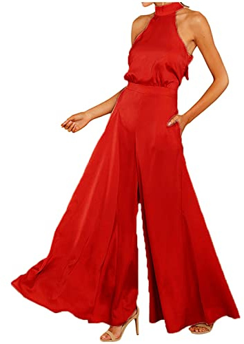 Tute Donna Eleganti Da Cerimonia Jumpsuit Tutina Lunghe a Gamba Larga Pantaloni Abito Lungo Elegante Senza Maniche Jumpsuit Estivo Tasche Capestro Per Matrimonio, Damigella D'onore, Feste, Pantaloni