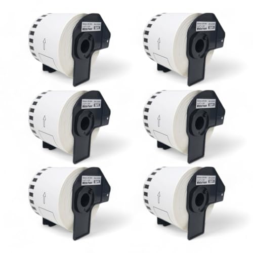 6 Rollen DK-22205 Endlos-Etiketten (62mm x 30,48m pro Rolle) Schwarz auf Weiß, Kompatibel mit Brother QL-Druckern, Thermopapier für klare Versandlabels, Adressetiketten, Bilder und Barcodes